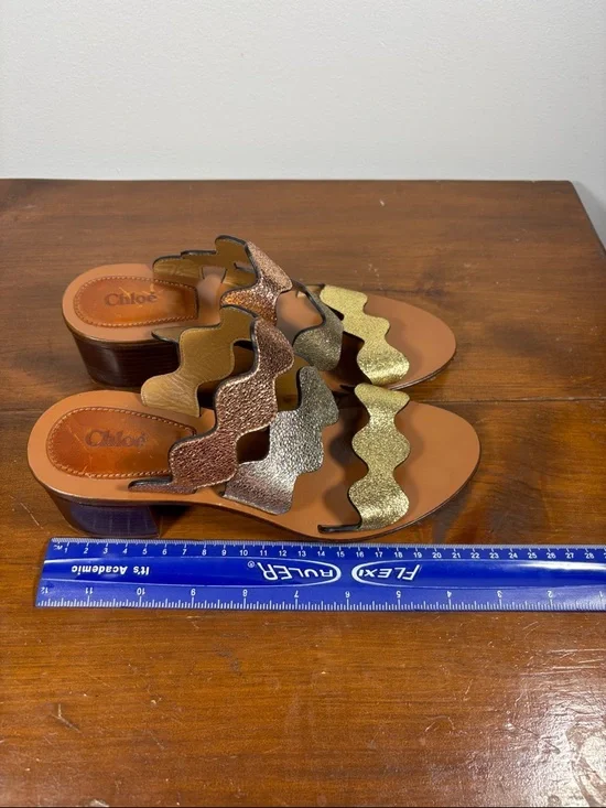 Chloé Metallic Wave Strap Leather Slide Heels Sandals Woman Size 37 earthy Tone - Picture 7 of 16